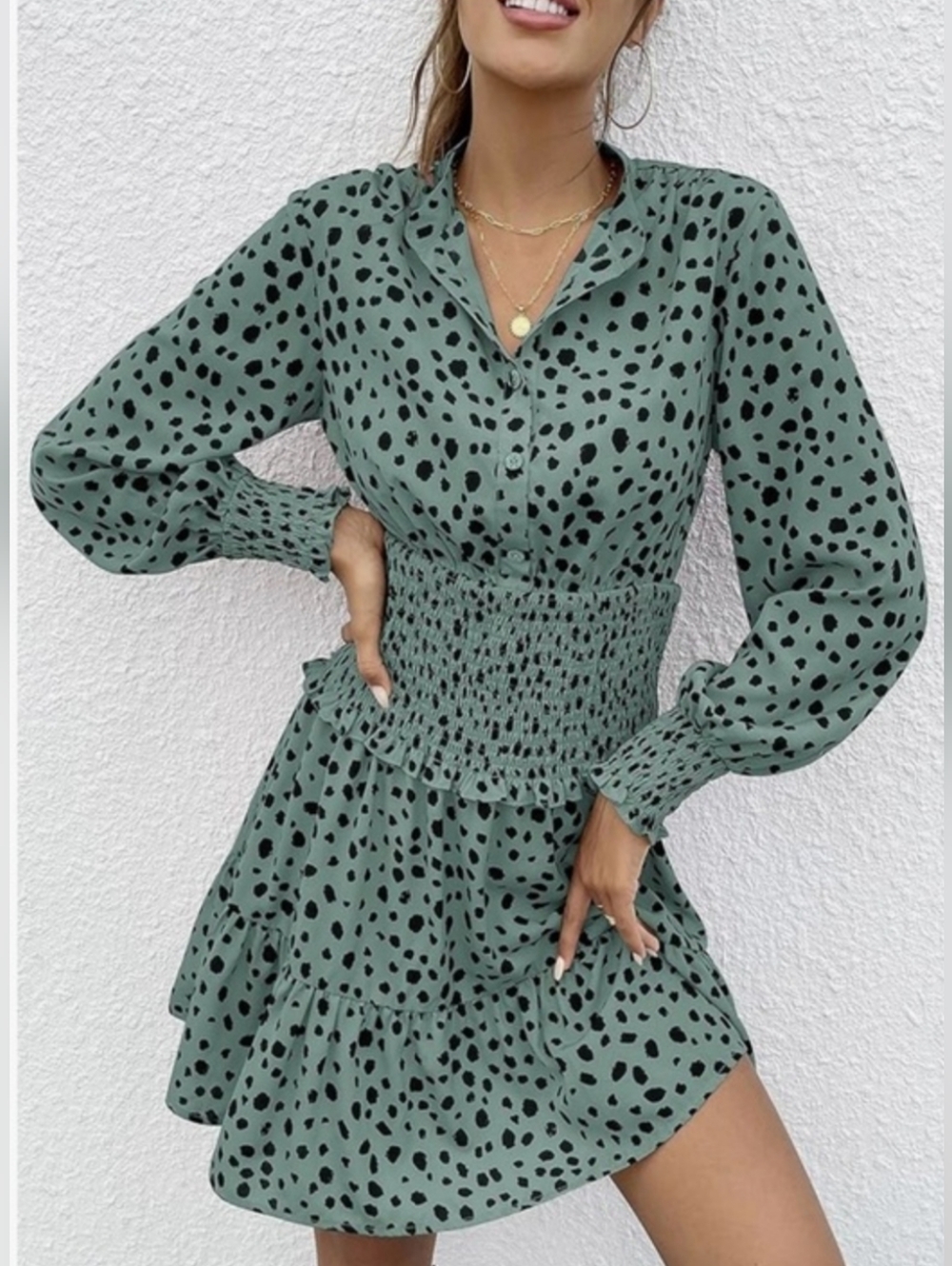 Pretty Garden NWT Polka Dot Smocked Waist Green Dress Sz L